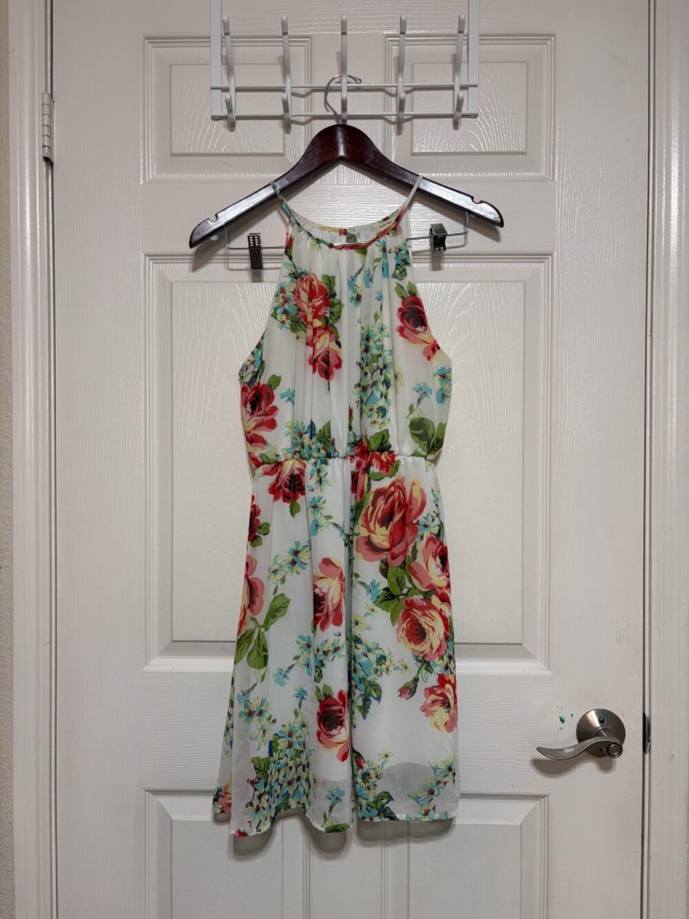 White Floral Halter Cut-out Back Dress, Poetry Size M
